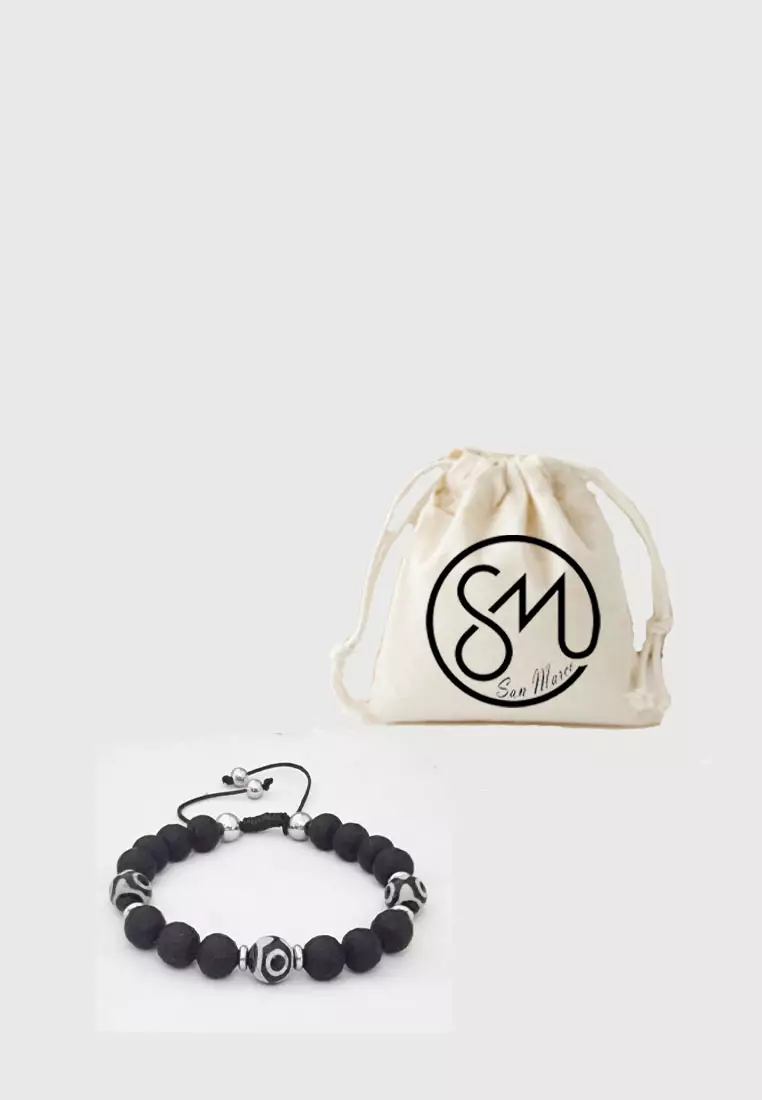 Aksesoris Pria Men's Accessories Tribal Agate Obsidian Beads Macrame Men's Bracelet Gelang Pria Black & Silver