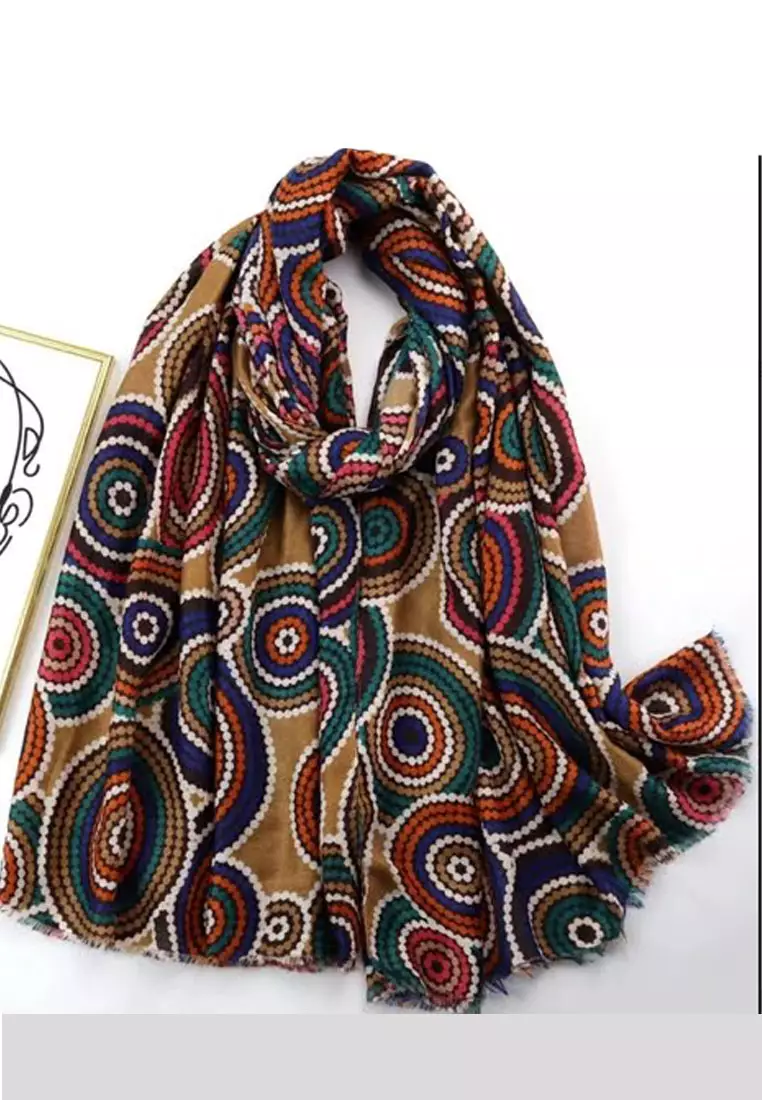 Women's Accessories Circular Pattern  Viscose Shawl Syal Wanita Beige & Multi