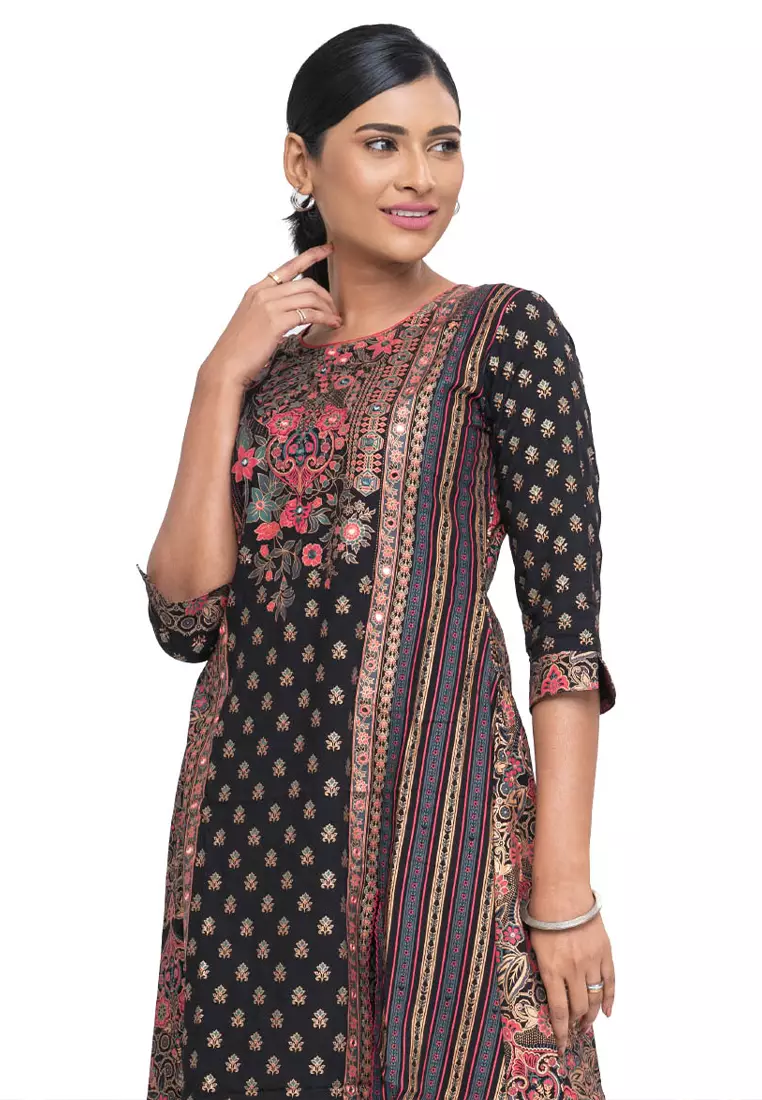 Le Reve Black Viscose Ethnic Printed Tunic