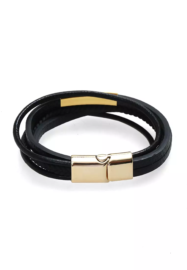 Aleda Gelang Kasual Pria Aksesoris Fashion Adjustable Strap Desain Mix Kepang Material Leather Stainless Steel ORIGINAL - Gold