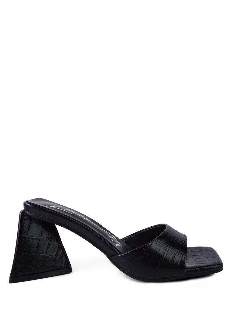 Black Triangle Block Heeled Croc Sandals