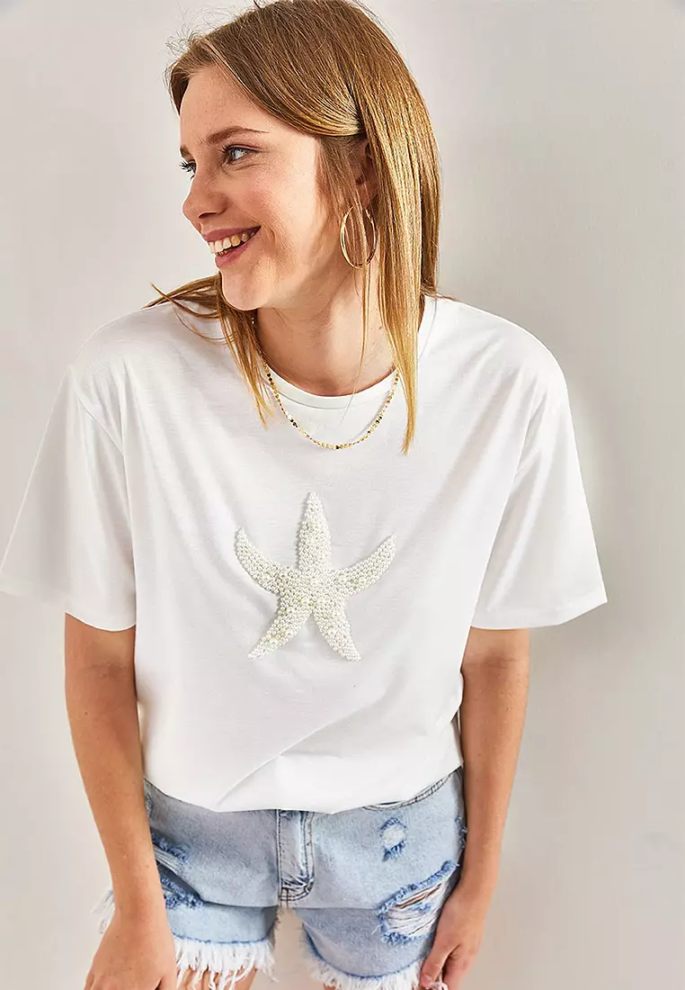 Star Pearl Stone Embroidered T-Shirt