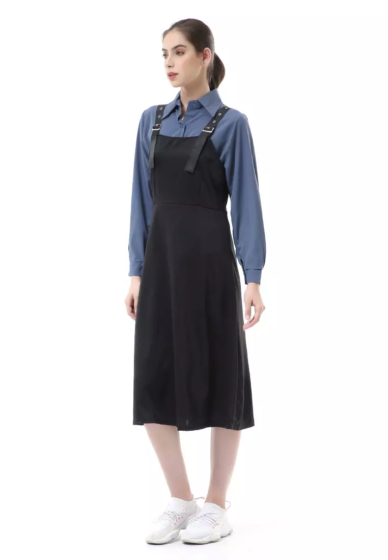 Nayra One Set Setelan Kemeja Dress Kodok Wanita Lengan Panjang Material Sutra ORIGINAL - Blue