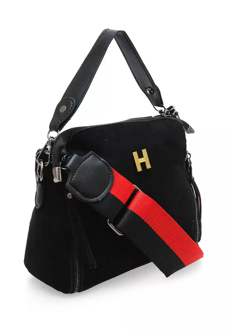 Eilaria Tas Selempang Wanita Zipper Design Sling Bag Mini Material Beludru ORIGINAL - Black