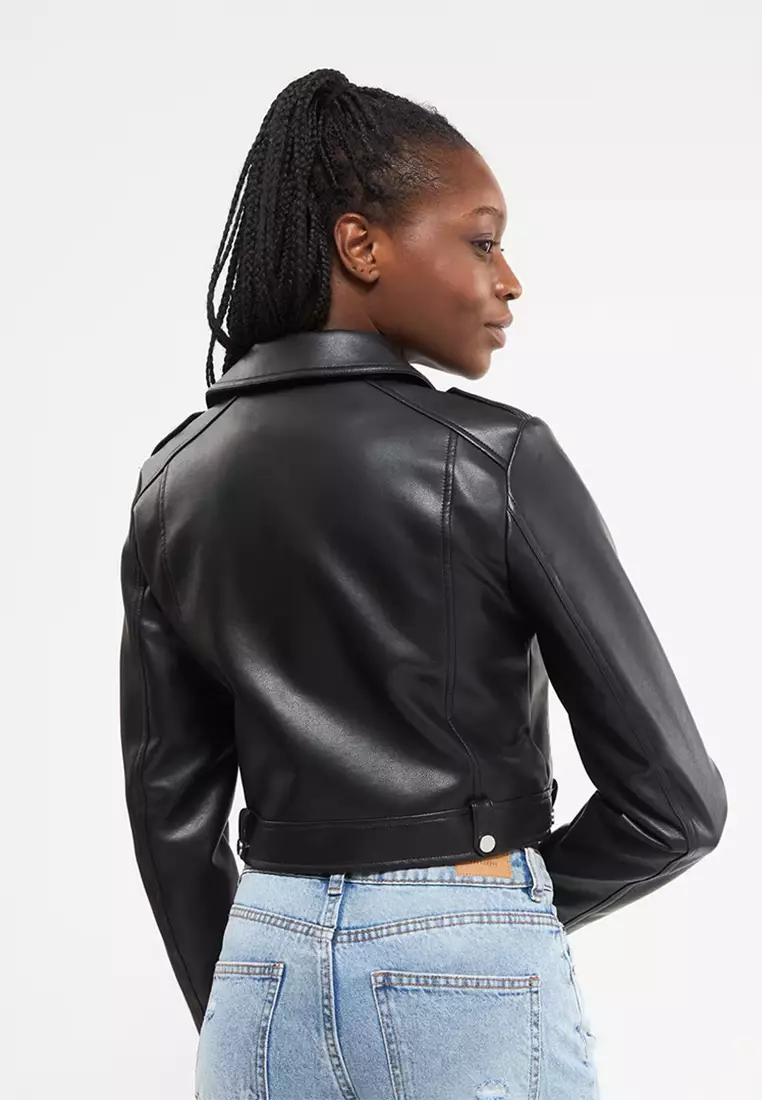 Womens black leather crop on sale jacket