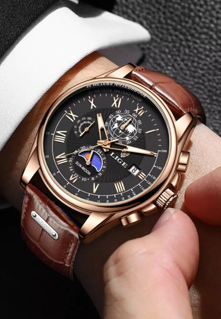 LIGE LIGE Chronograph Unisex 42mm IP Rose Gold Color Stainless Steel Quartz  Watch, Black Dial on Leather Strap 2024 | Buy LIGE Online | ZALORA Hong Kong