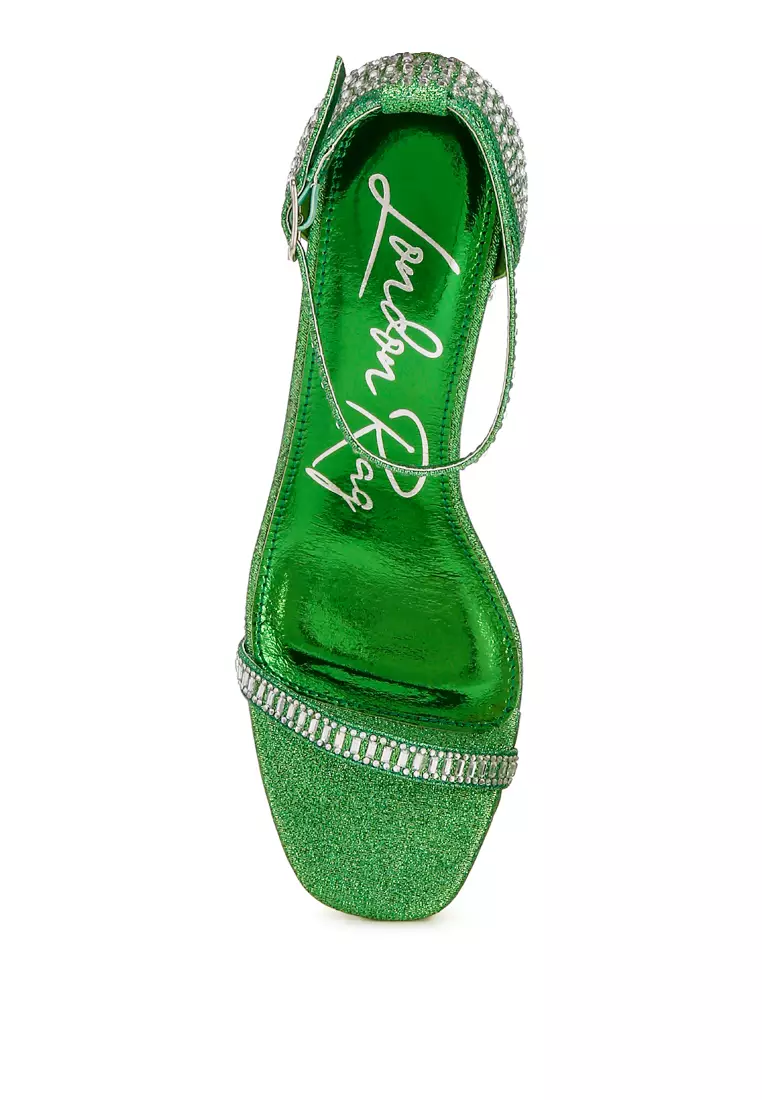 Sandal Blok Berhias Berlian Imitasi Warna Hijau