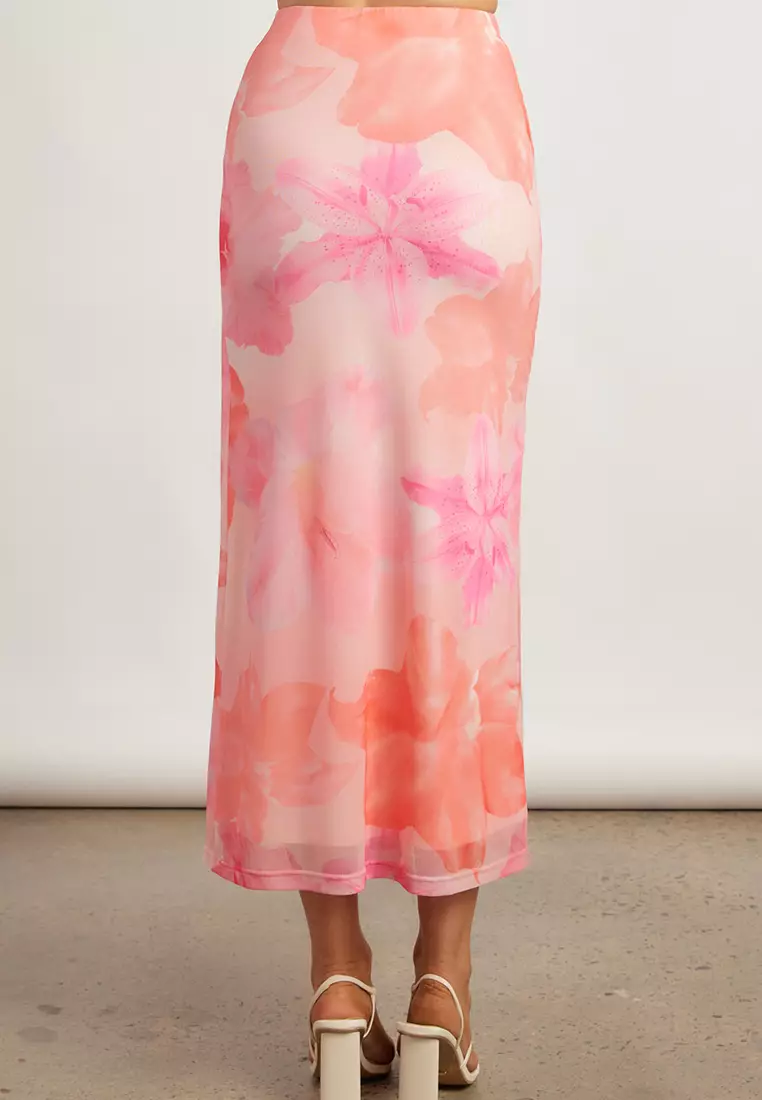 Tropical Floral Print Front Slit Mesh Top & Skirt Set