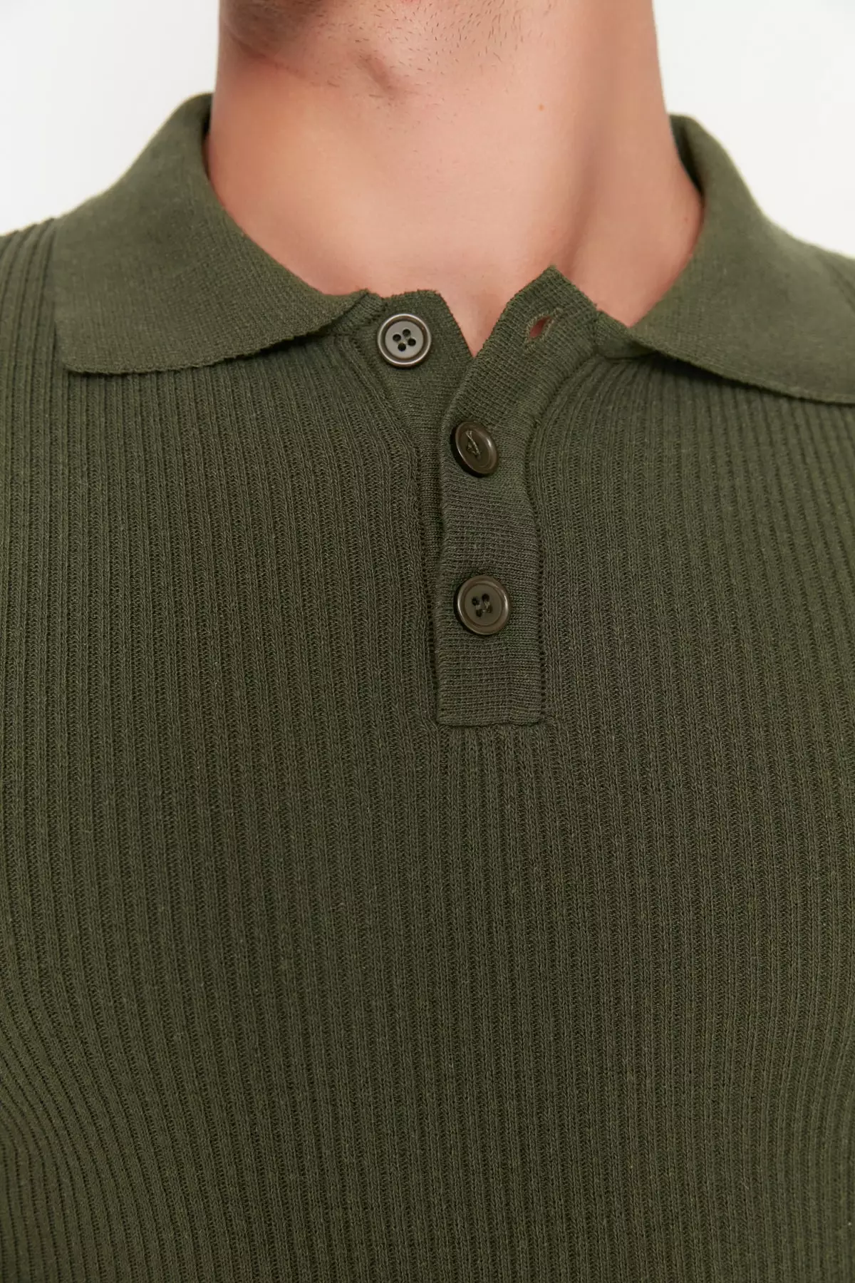 Slim Fit Buttoned Polo Neck Corduroy Knitted Sweater