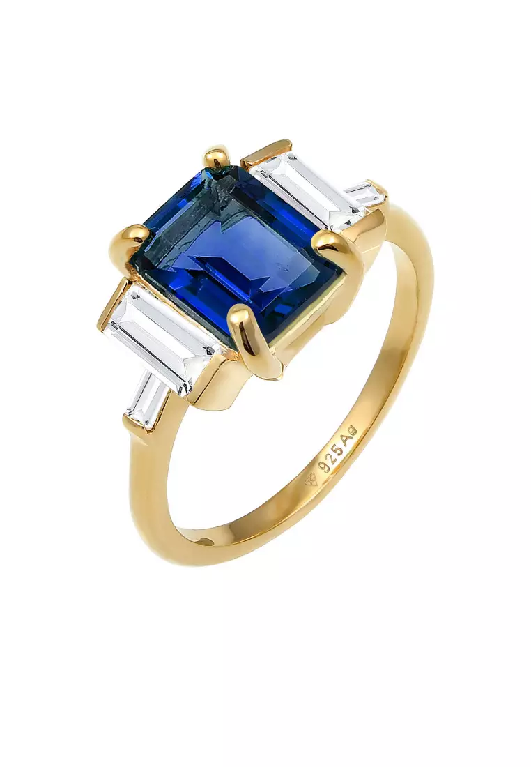 Cincin Perhiasan Perak 925 Wanita Rectangle Sapphire Gold Plated