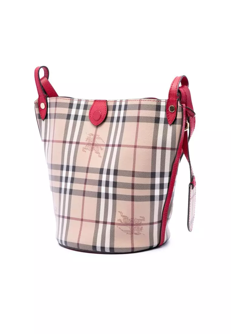 Pre-Loved Burberry Haymarket Check Coated Canvas Lorne Bucket Bag