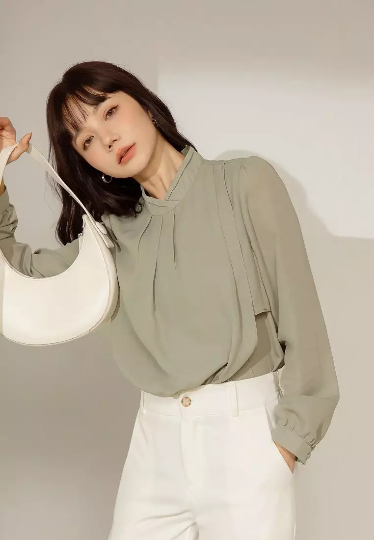 Pleated High-Neck Puff Sleeve Long Sleeve Blouse [AB19778]