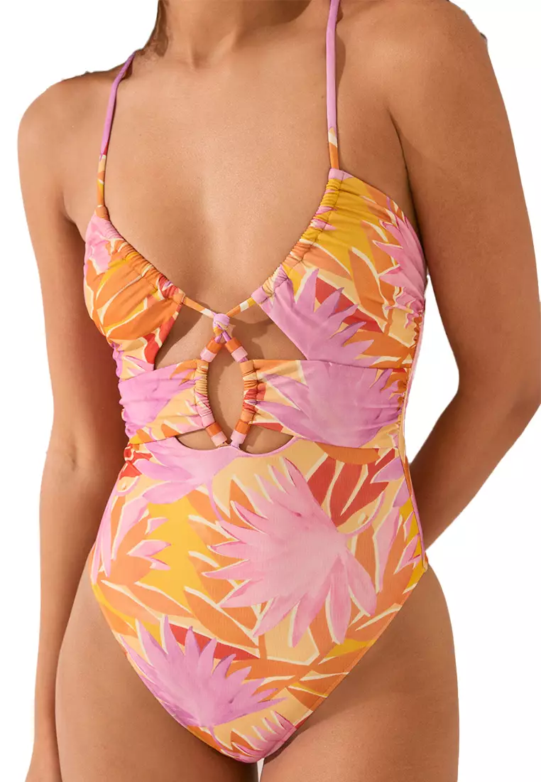 Bandeau Swimsuit "Cut Outs" Tropical Print