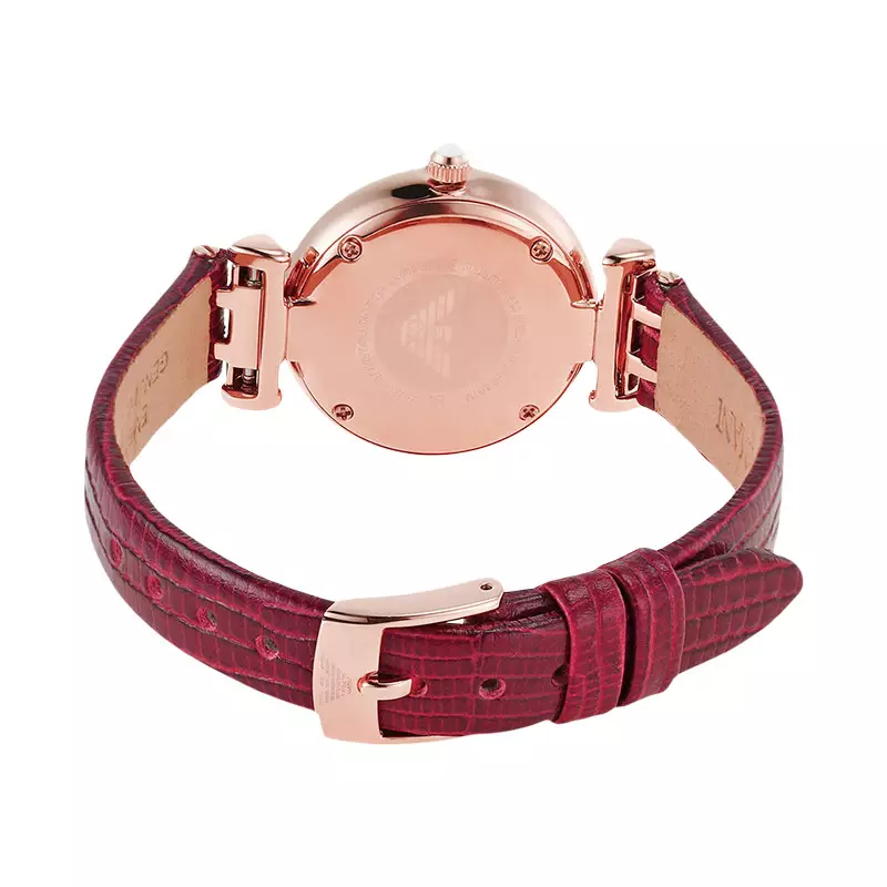 Jam Tangan Wanita Emporio Armani Fashion AR80052 Ladies Mother Of Pearl Dial Burgundy Leather Strap