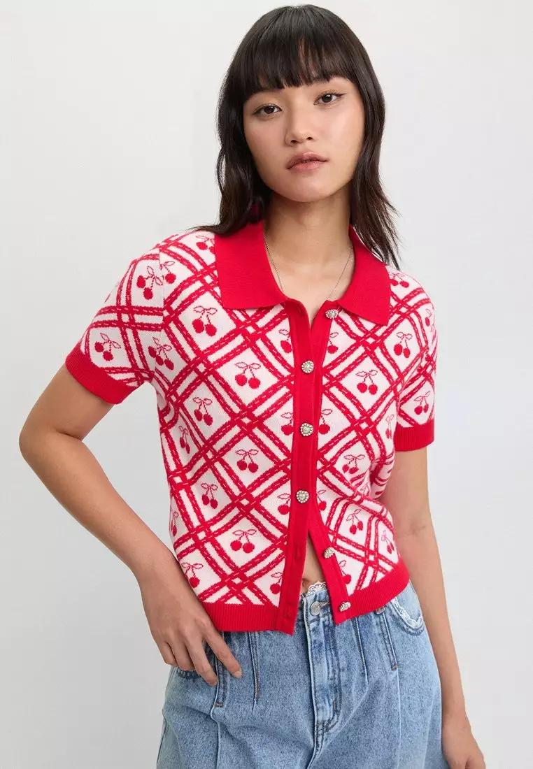Lace Trim Buttoned Knit Top - Red