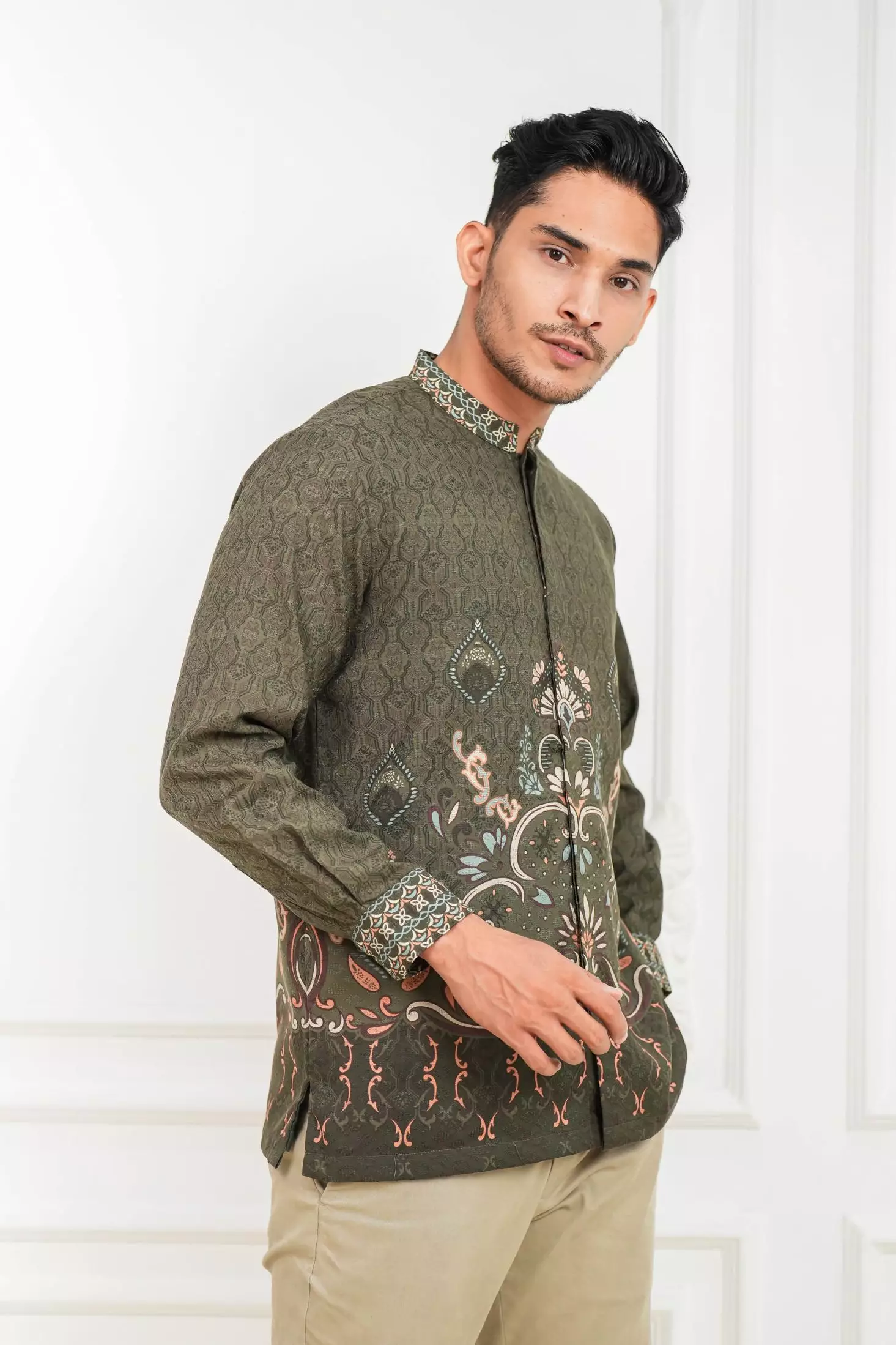 Sarimbit Akasya Olive Kemeja Pria  Koko Lengan Panjang Regular Fit Furing