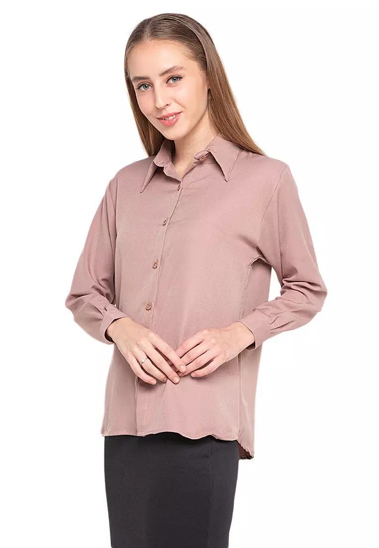 Oriel Kemeja Atasan Lengan Panjang Shirt Wanita Design Basic Polos Regular Fit - Wood