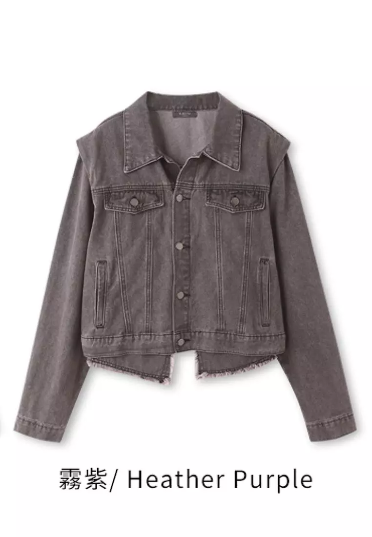 Washed Cropped Denim Jacket with Raw Hem & Drop Shoulder [EA3678]