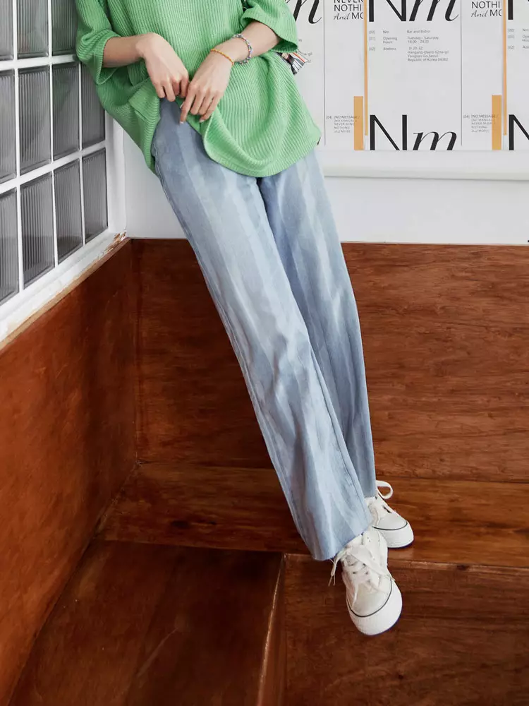 Cotton Striped Raw Hem Straight-Leg Jeans [BA7209]