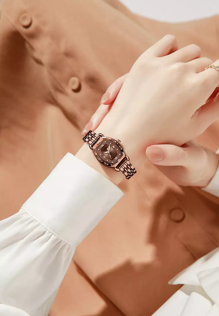 Jam Tangan Wanita Korea Original Tonneau Dial Berlian Anti Air Jam Tangan Cewek rose brown