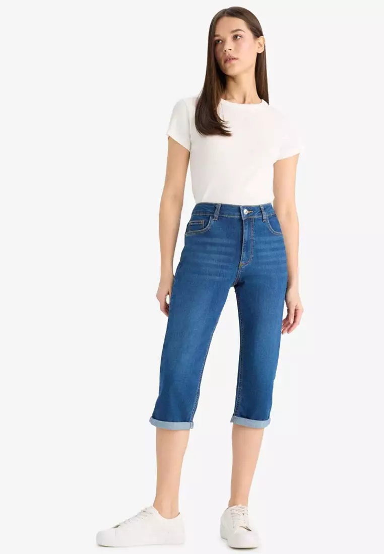 Normal Waist Pocket Folded Leg Jean Capri E2178Ax25Sm