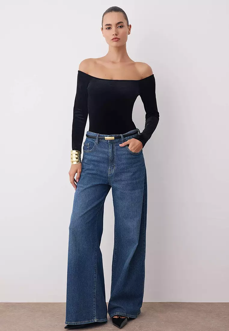 Black Carmen Neckline Knitted Velvet Party New Year's Bodysuit