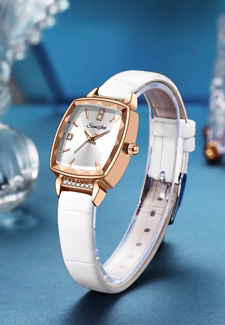 Jam Tangan Wanita 8006 Kuarsa Wanita Tali Kulit Berlian Jam Tangan Cewek Original white