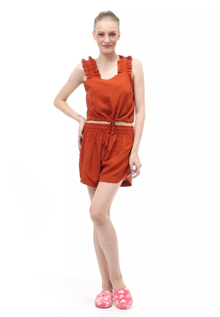 Set Pakaian Wanita Atasan Bawahan Design Serut Relaxed Fit - Brick