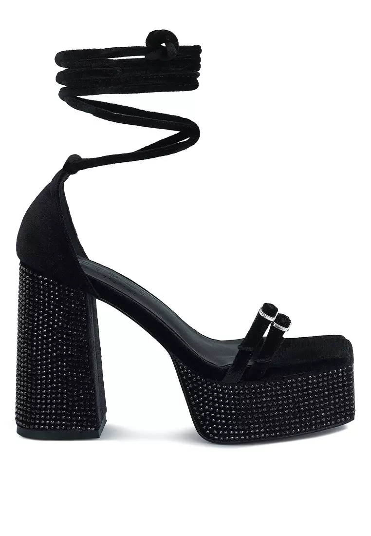 Discount on Rag & Co.  shoes - SKU: Black High Platform Diamante Lace Up Sandals