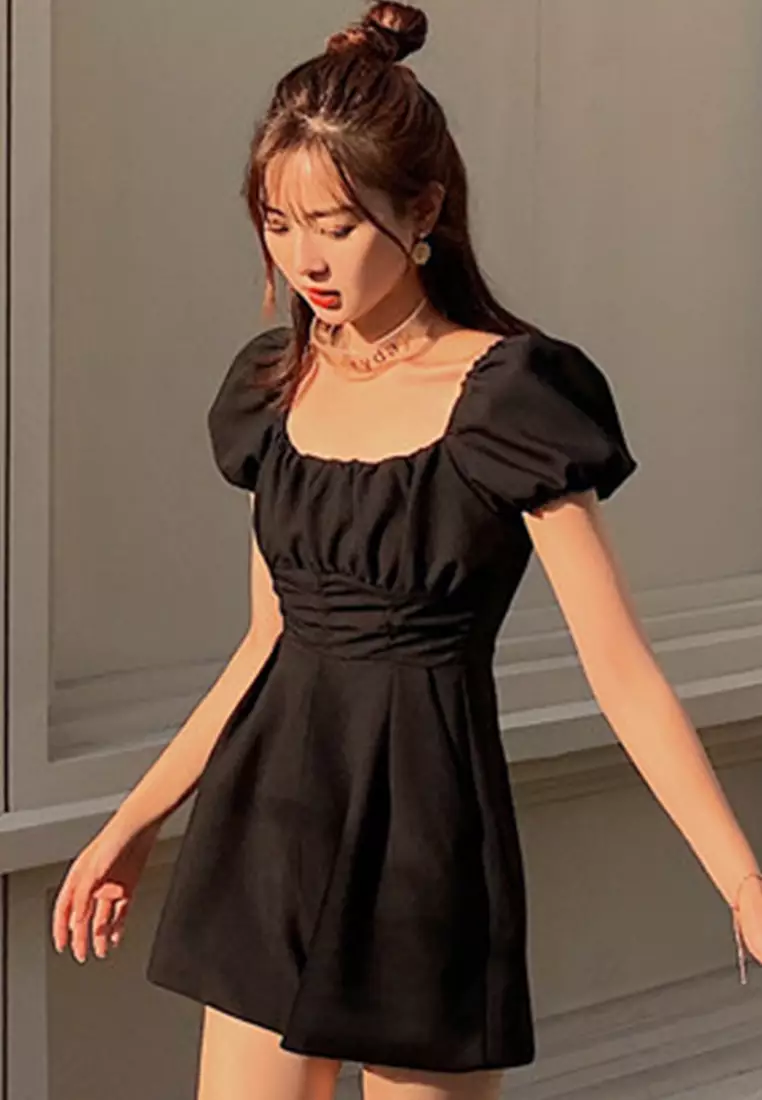 Casual High Waist Pleated Wide Leg Jumpsuit A22050310BK