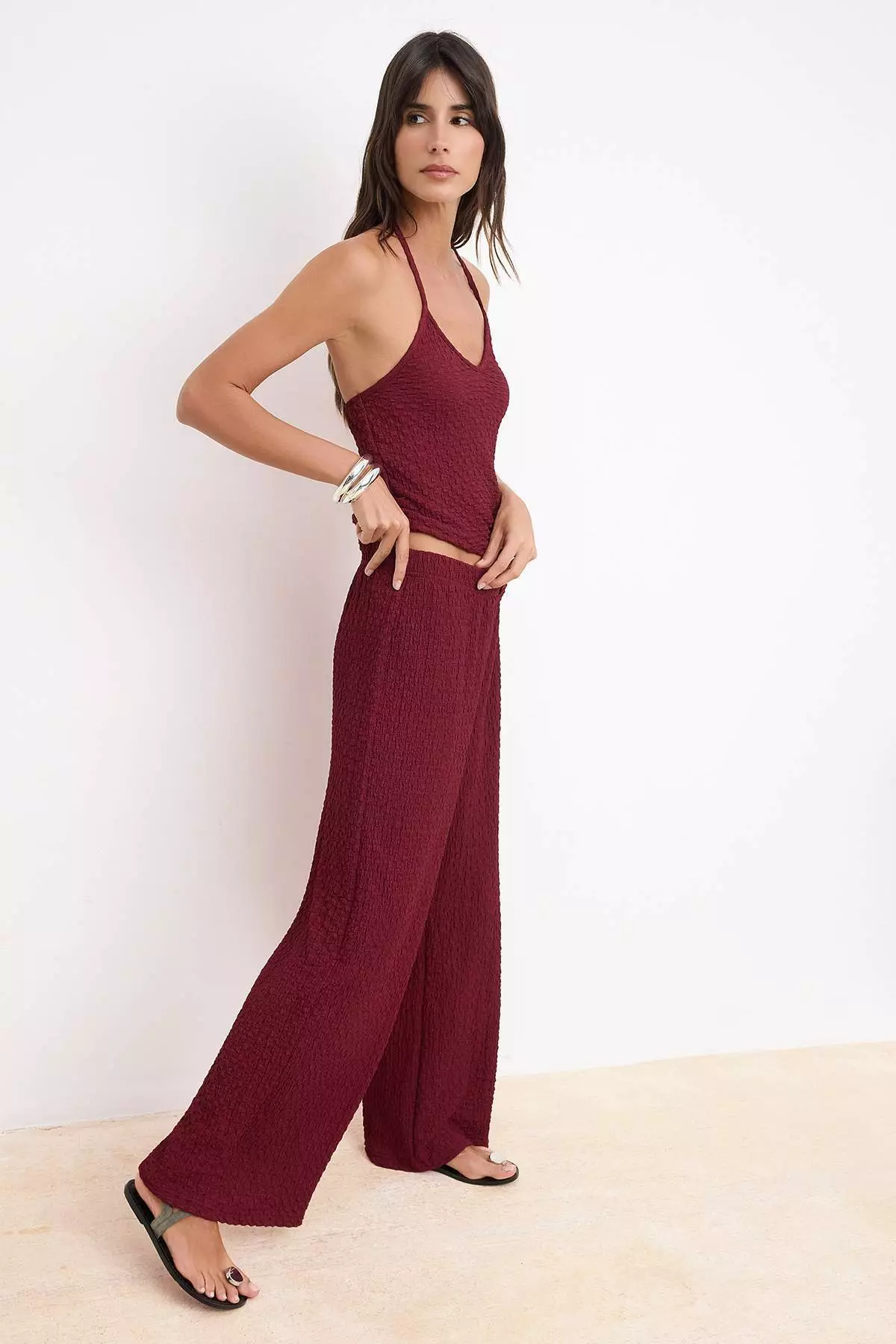 Burgundy Fitted/Sleeveless Wide-Leg Textured Knitted Top And Bottom Set Twoss26Au8