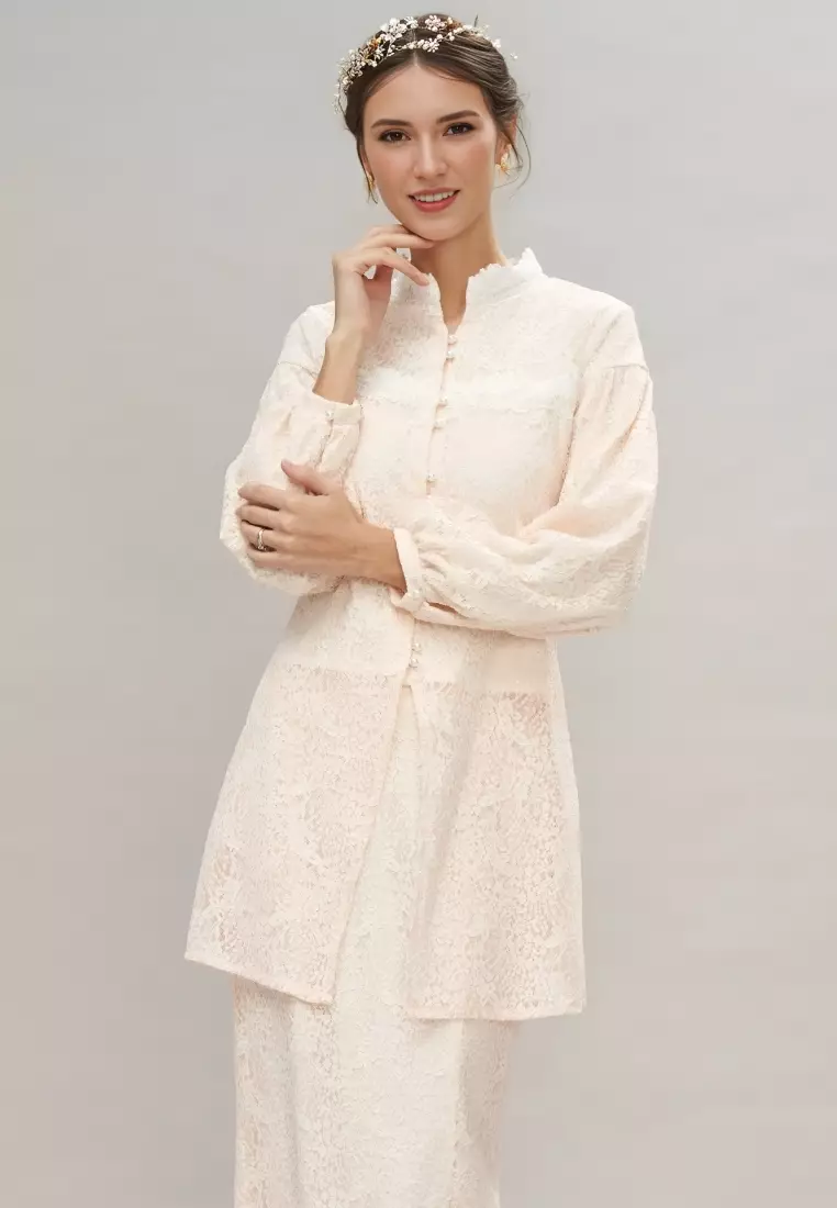 Victoria High Neck Intricate Lace Modern Top & Maxi Lace Skirt Hari Raya
