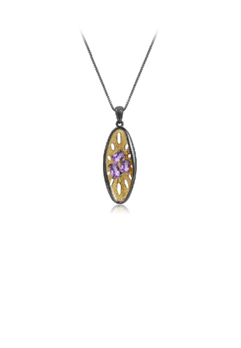 Glamorousky silver 925 Sterling Silver Plated Black Fashion Vintage Hollow Gold Geometric Pendant with Amethyst and Necklace 277CDAC1A50BF5GS_1