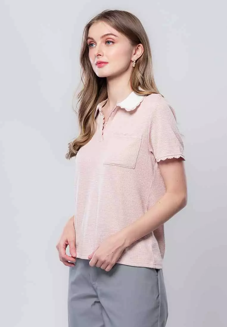 Ysabel Collared Knit Top with Scallop Trimming and Chest Pocket
