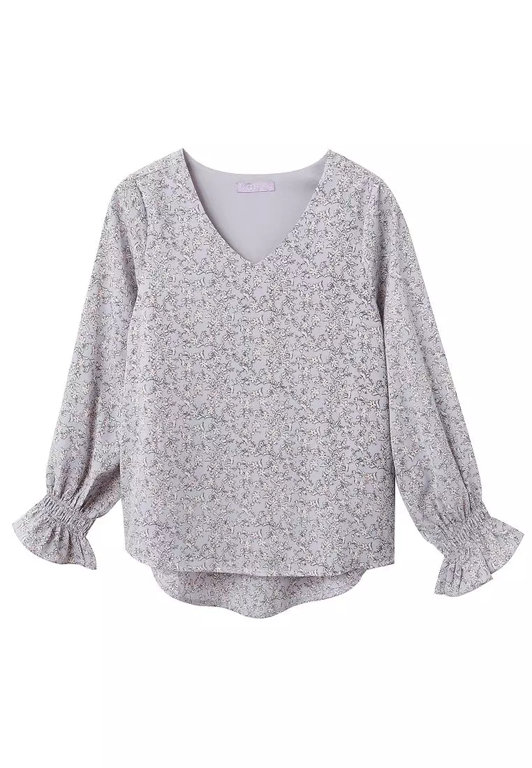 V領碎花傘襬荷葉袖雪紡上衣《AB16518》