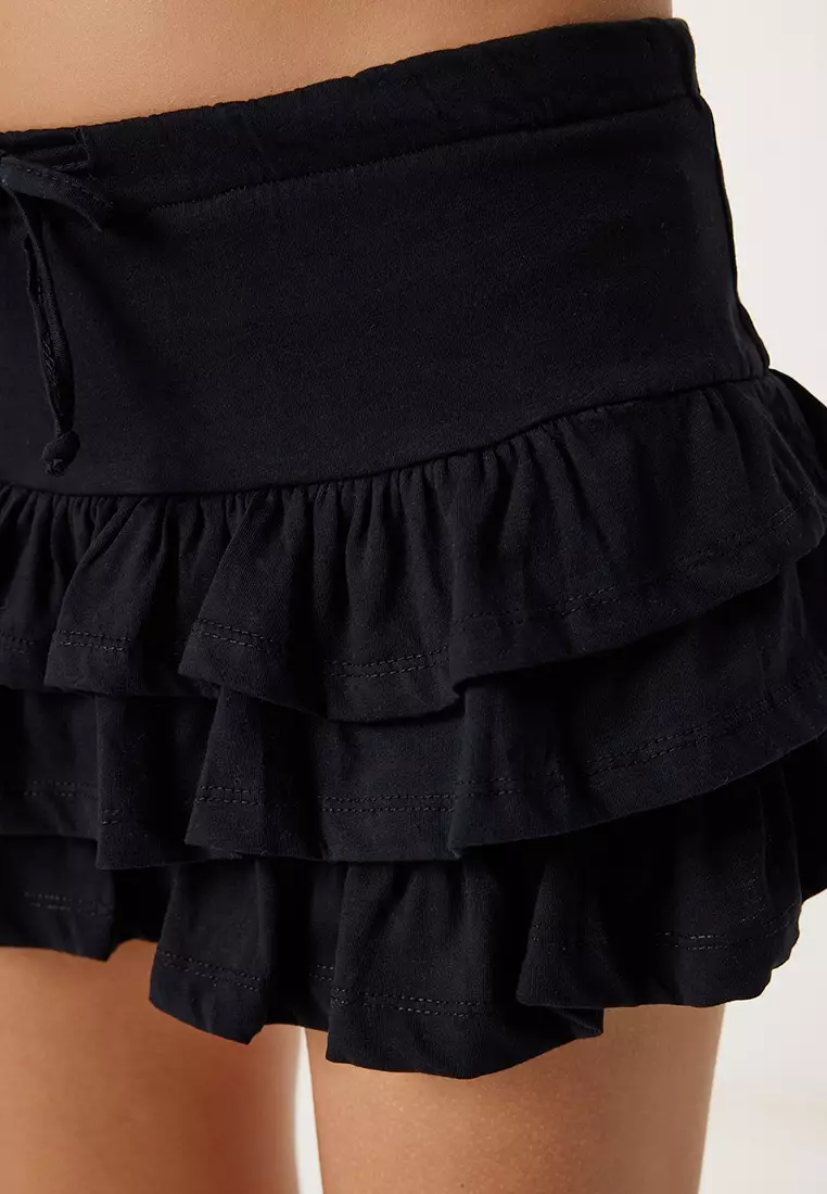 Women's Black Layered Mini Knitted Skirt Ub00393