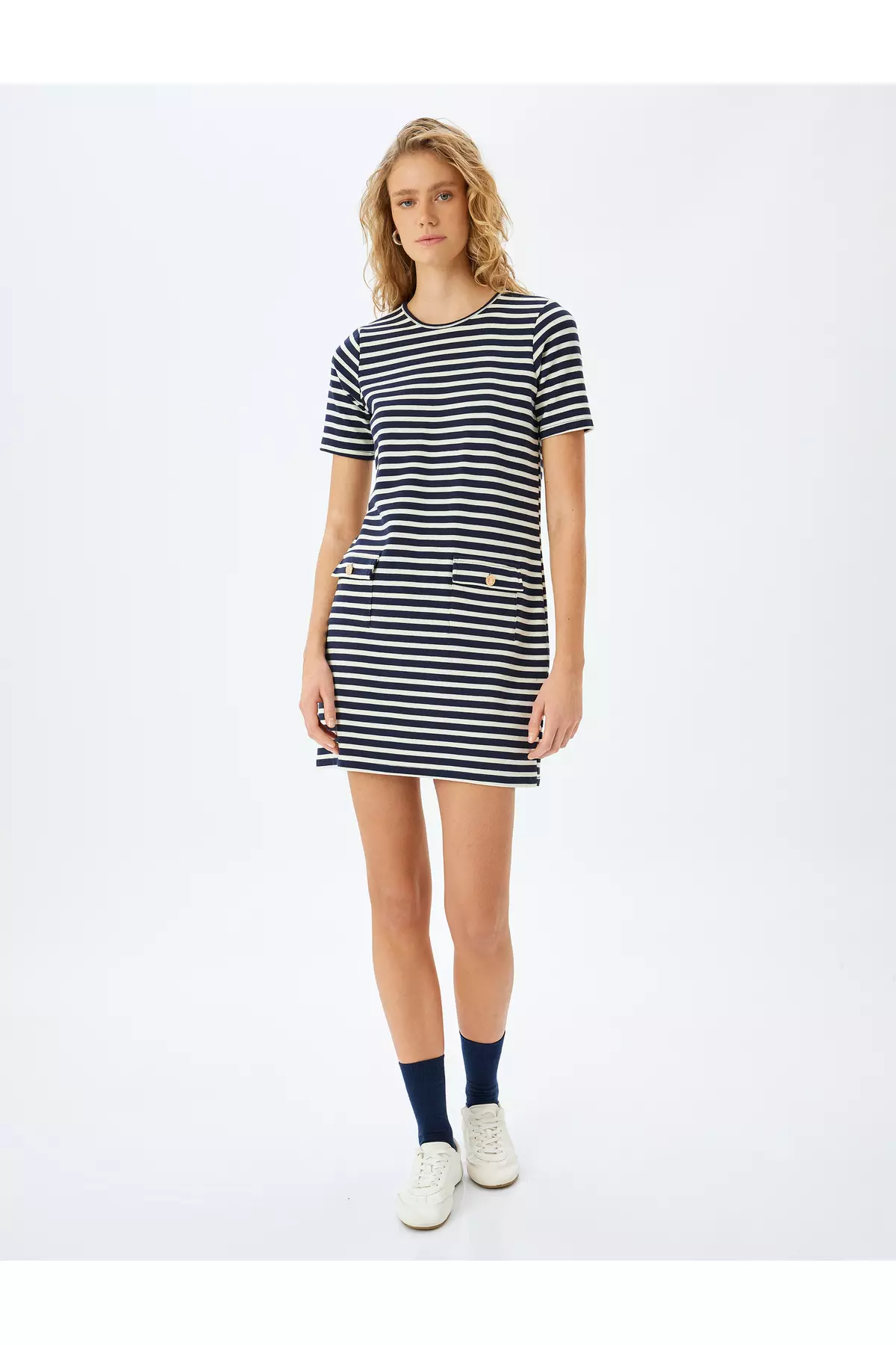 Modal Fabric Blended Crew Neck Short Sleeve Striped Mini Dress