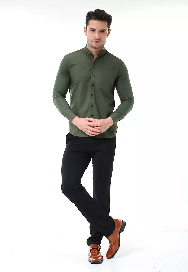 Leopold Kemeja Basic Pria Motif Polos Long Sleeve Material Cotton ORIGINAL - Army Green