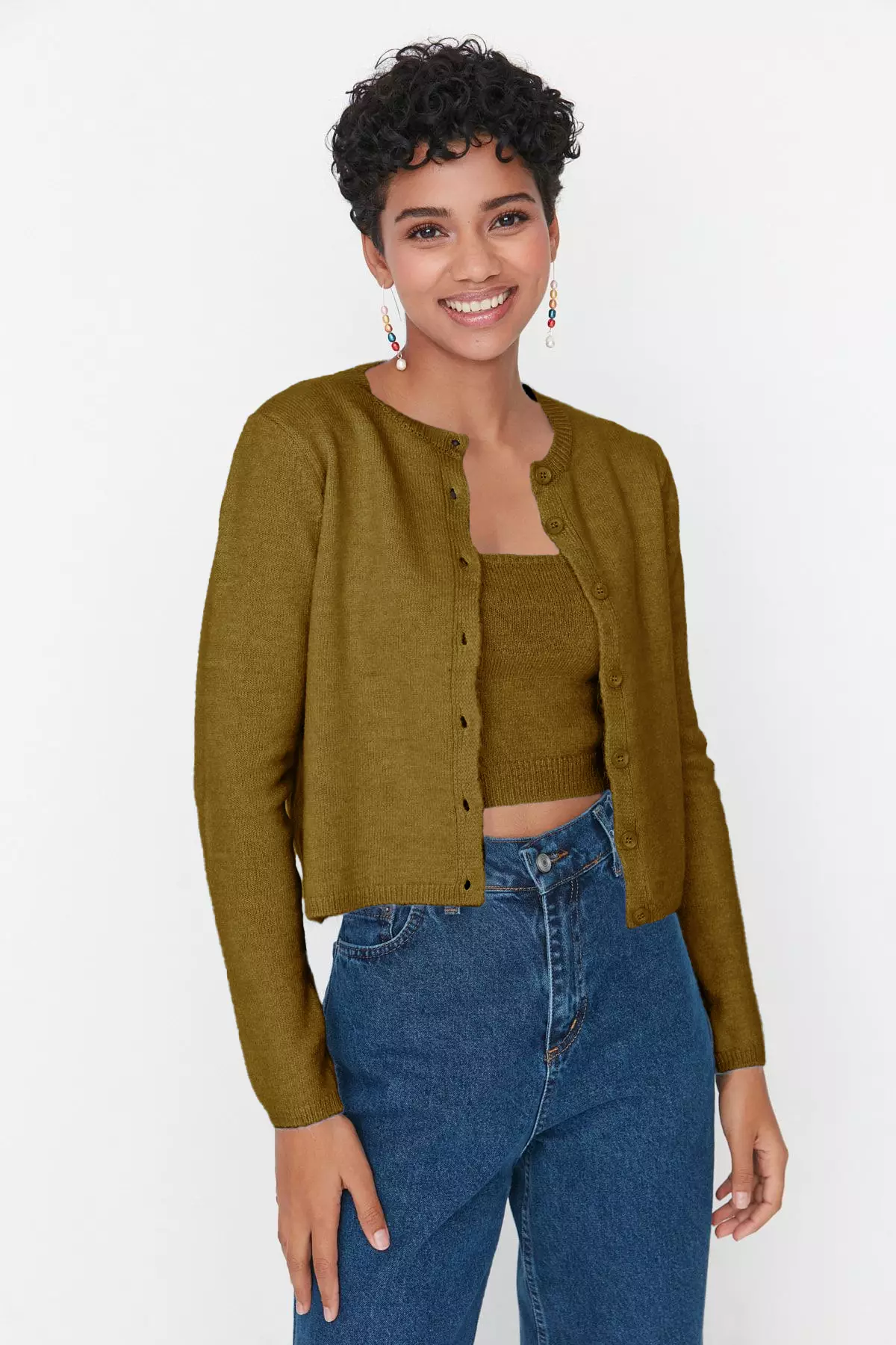 Khaki Crop Soft Textured 2 Piece Blouse Cardigan Knitwear Set