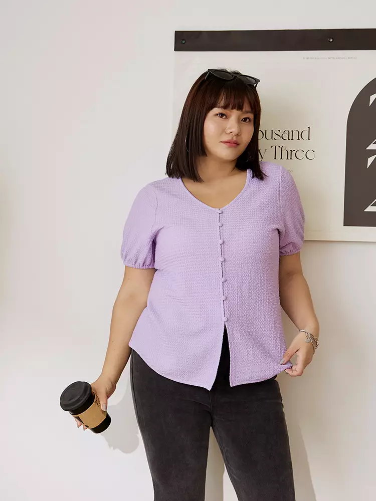 Buy OBSTYLE Elastic Textured V-Neck Button-Down Puff Sleeve Blouse