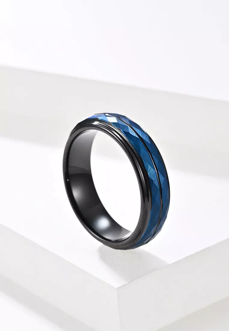 Rhombus Surface Blue And Black Matching Tungsten Steel Ring JW QF-007