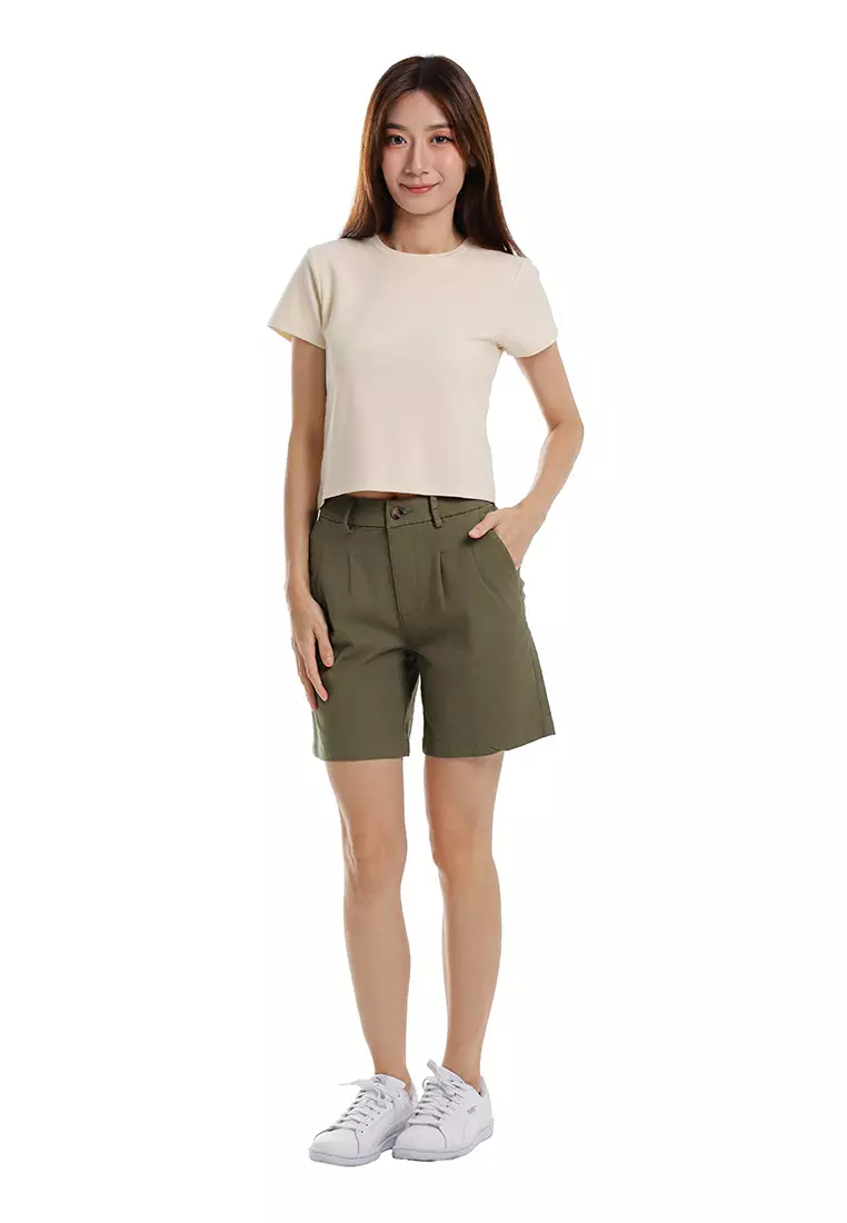 Forest Ladies Stretchable Pleated Bermuda Shorts Pants - 870151-48Olive