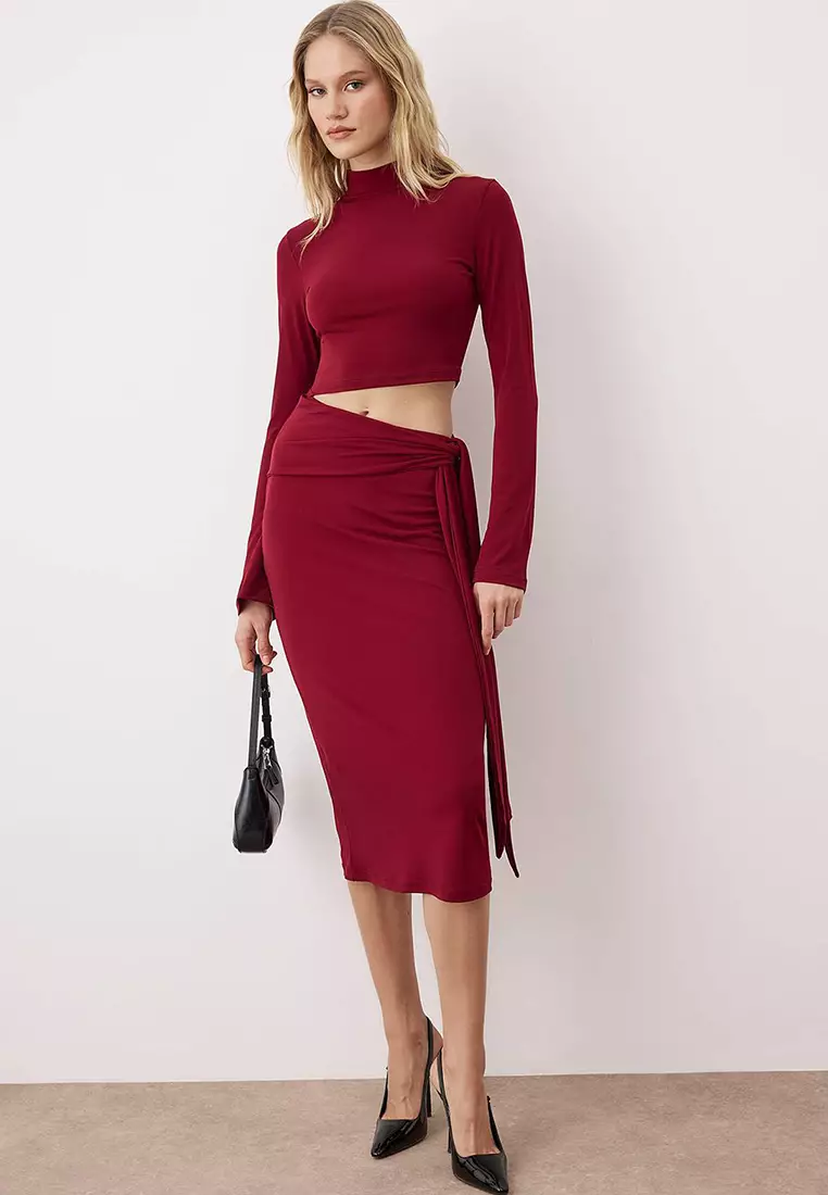 Buy Trendyol Burgundy Straight Cut-Out Midi Knit Dress 2026 Online | ZALORA