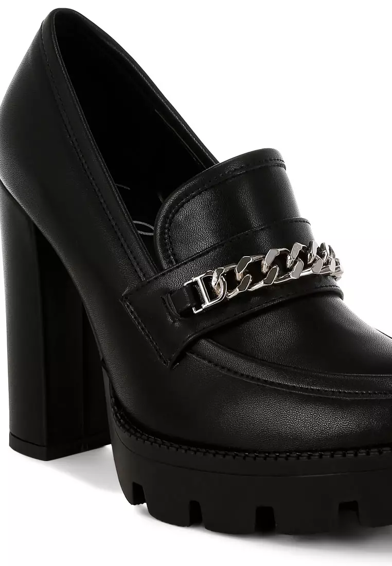 Black Chunky High Block Heeled Loafers