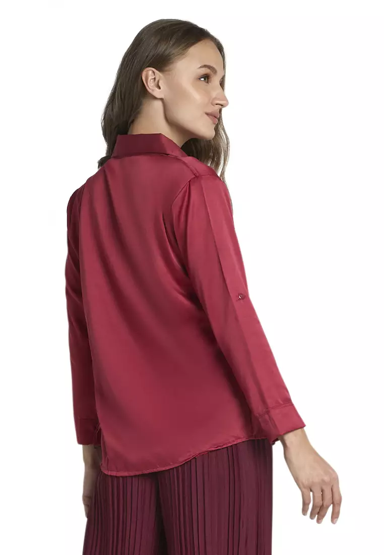 Uchenna Kemeja Lengan Panjang Shirt Plain Atasan Wanita Baju Kerja Regular Fit - Maroon