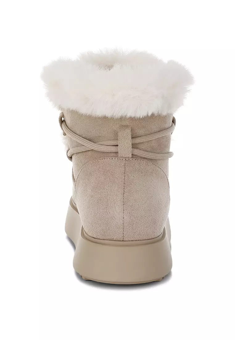 Faux Fur Collar Flatform Boots in Beige