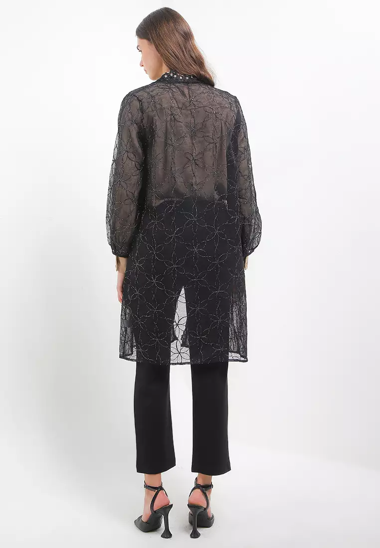 L/S Metallic Flo Emb Outer W/ Flo Lace Trim
