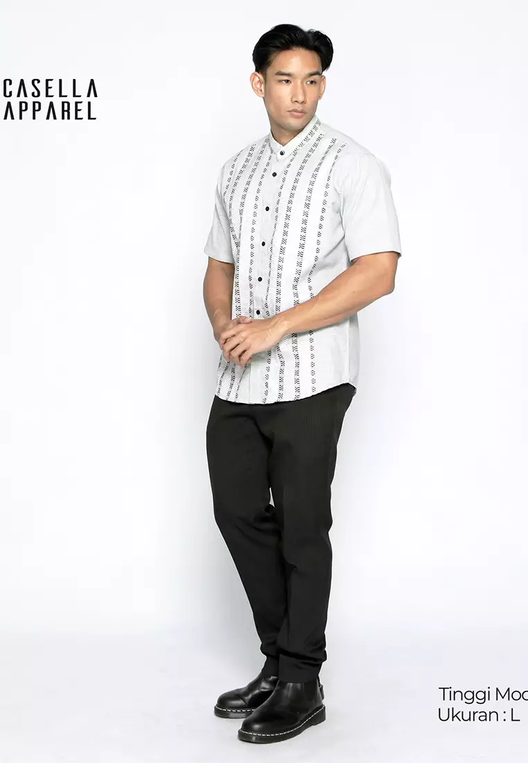 Casella Baju Koko Pria Lengan Pendek Vertical Pattern | Baju Koko Lengan Pendek Khalid 4051 Grey