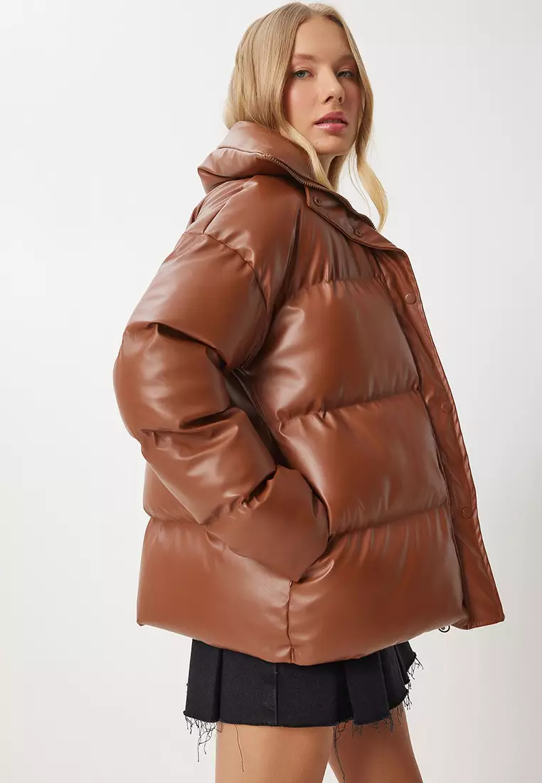 Stand Collar Faux Leather Puffer Coat