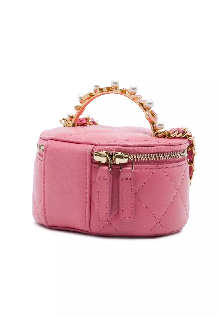 Pre-Loved Chanel Mini Cc Quilted Lambskin Pearl Top Handle Vanity Case With Chain